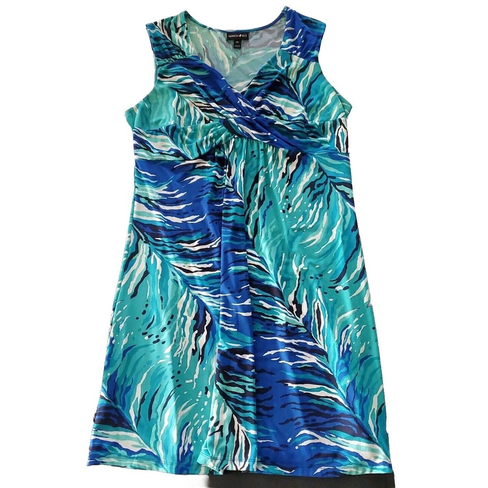 Fashion Bug OX V-Neck Sleeveless Watercolor Ocean Ruched Bodice Stretch Dress